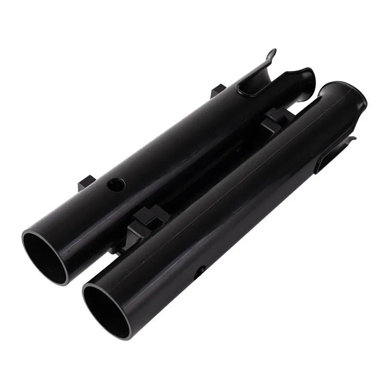 Plastic fishing rod rack with double-layer frame and pipe clamp for bicycle and motorcycle mounting