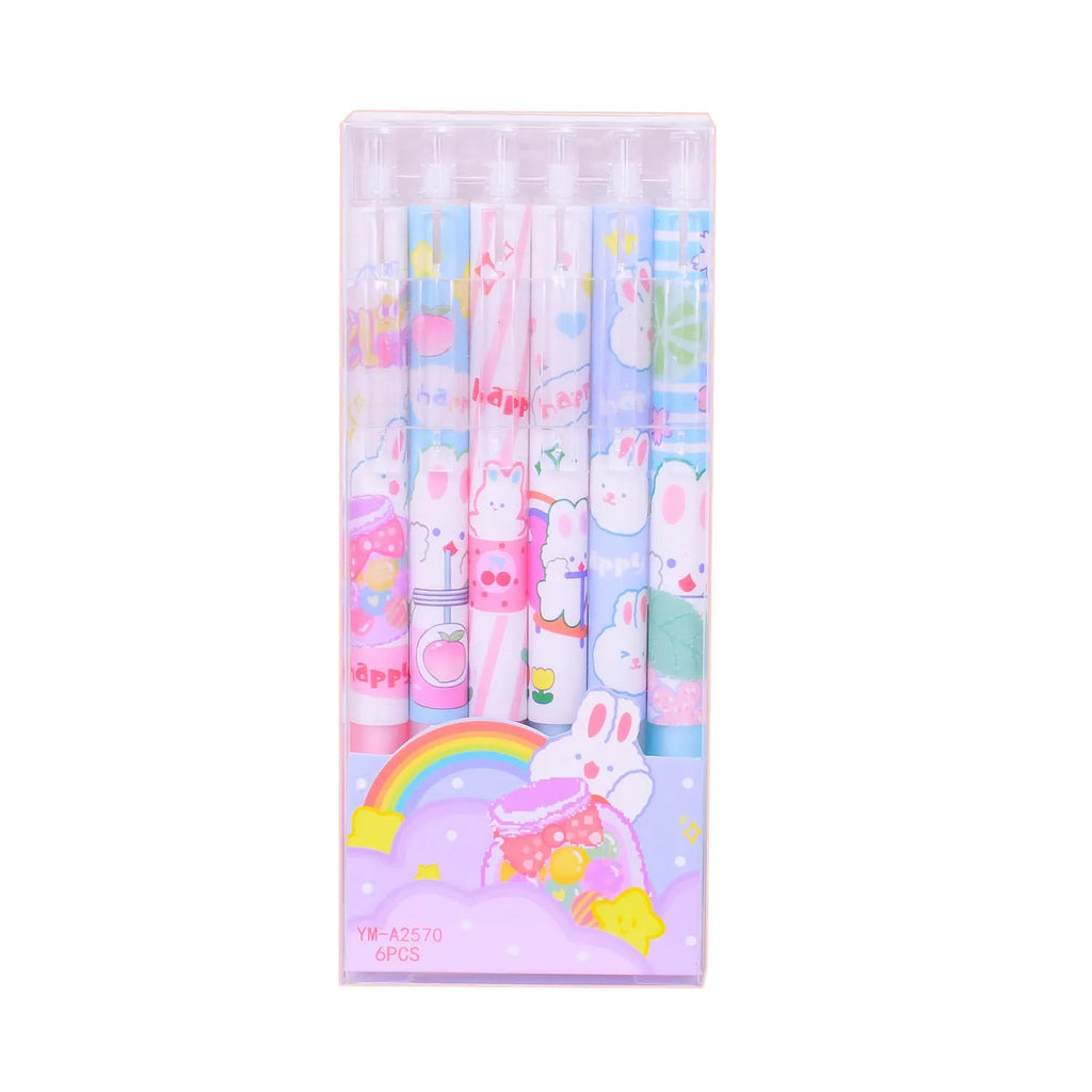 Six cartoon bunny design black ink pens with 0.5mm tips arranged together