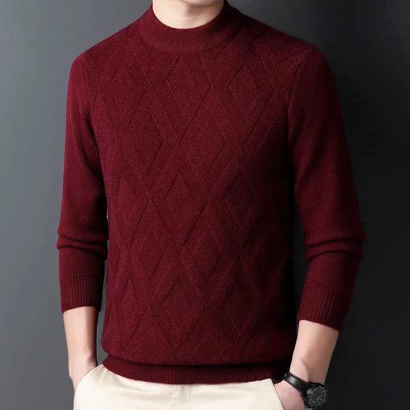 Men's thick winter sweater in diamond jacquard pattern, shown in light camel colour