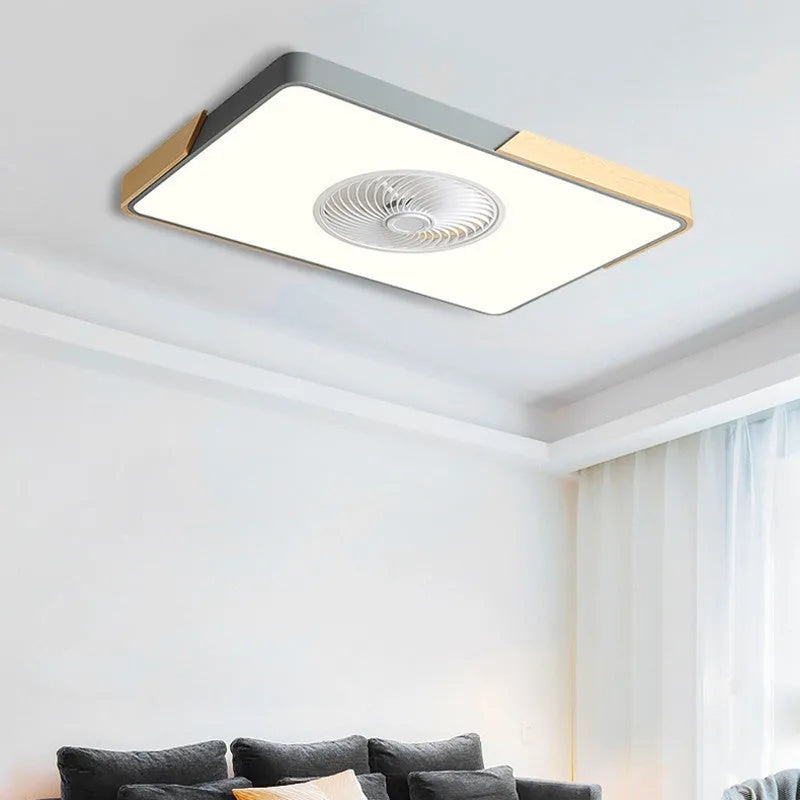 Nordic style ceiling fan with integrated light on a solid wood base, shown in rectangular, round, and square options.