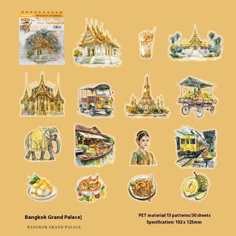 Holiday Journey Series architecture journal stickers in retro style showing six international landmark designs