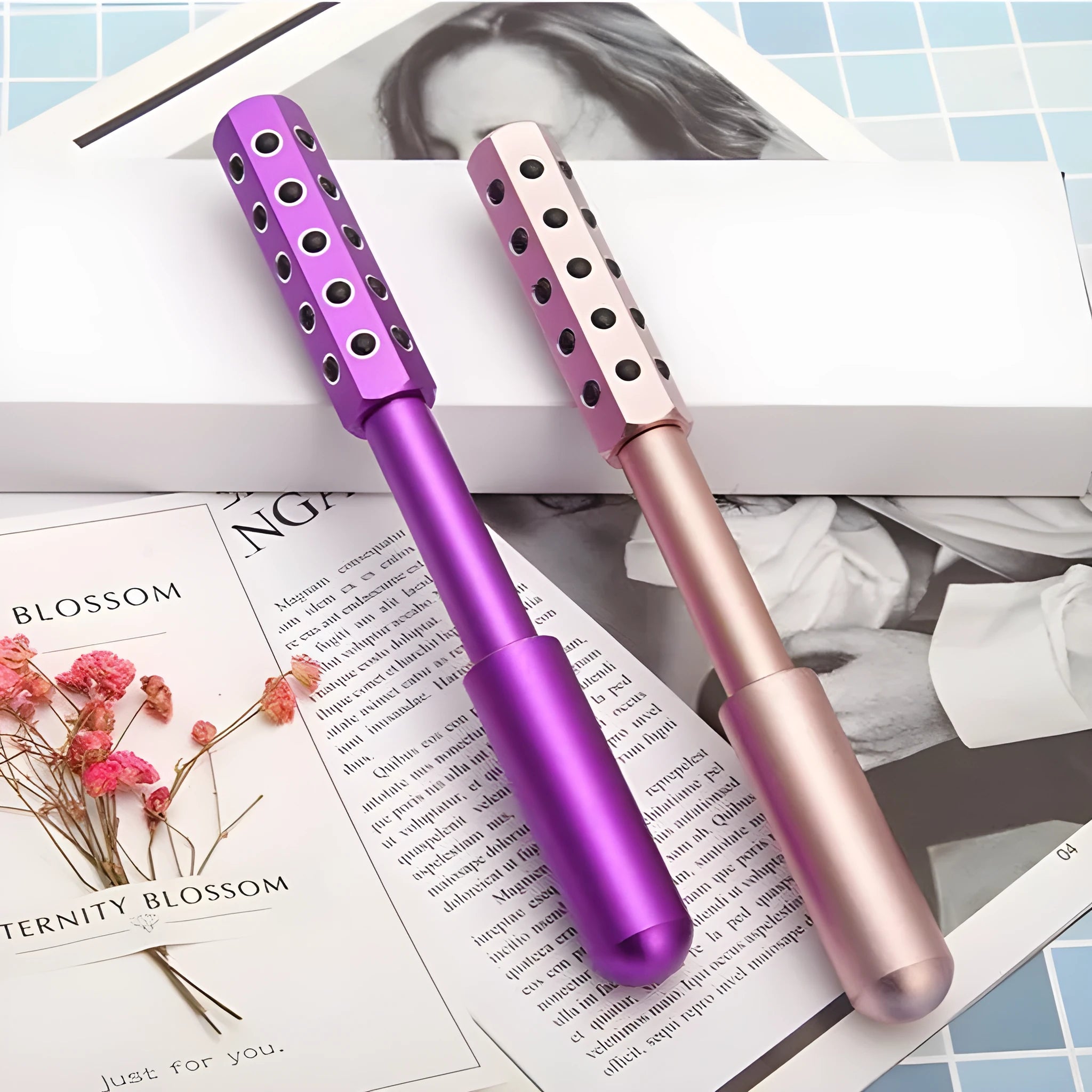 Purple germanium bead facial massage roller instrument showing 24 beads and 193mm length