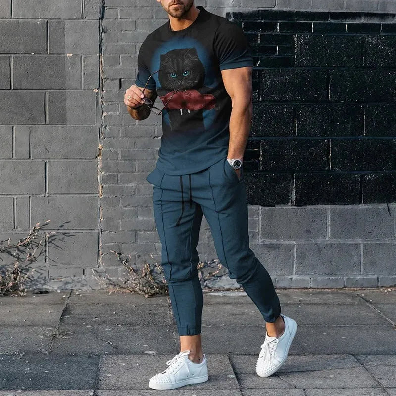 Man wearing a blue short-sleeved round neck pullover and matching trousers from a polyester sportswear set.