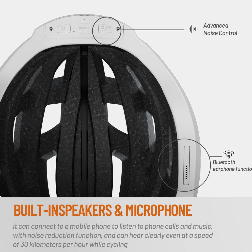 Black and grey smart cycling helmet with integrated warning lights and Bluetooth connectivity