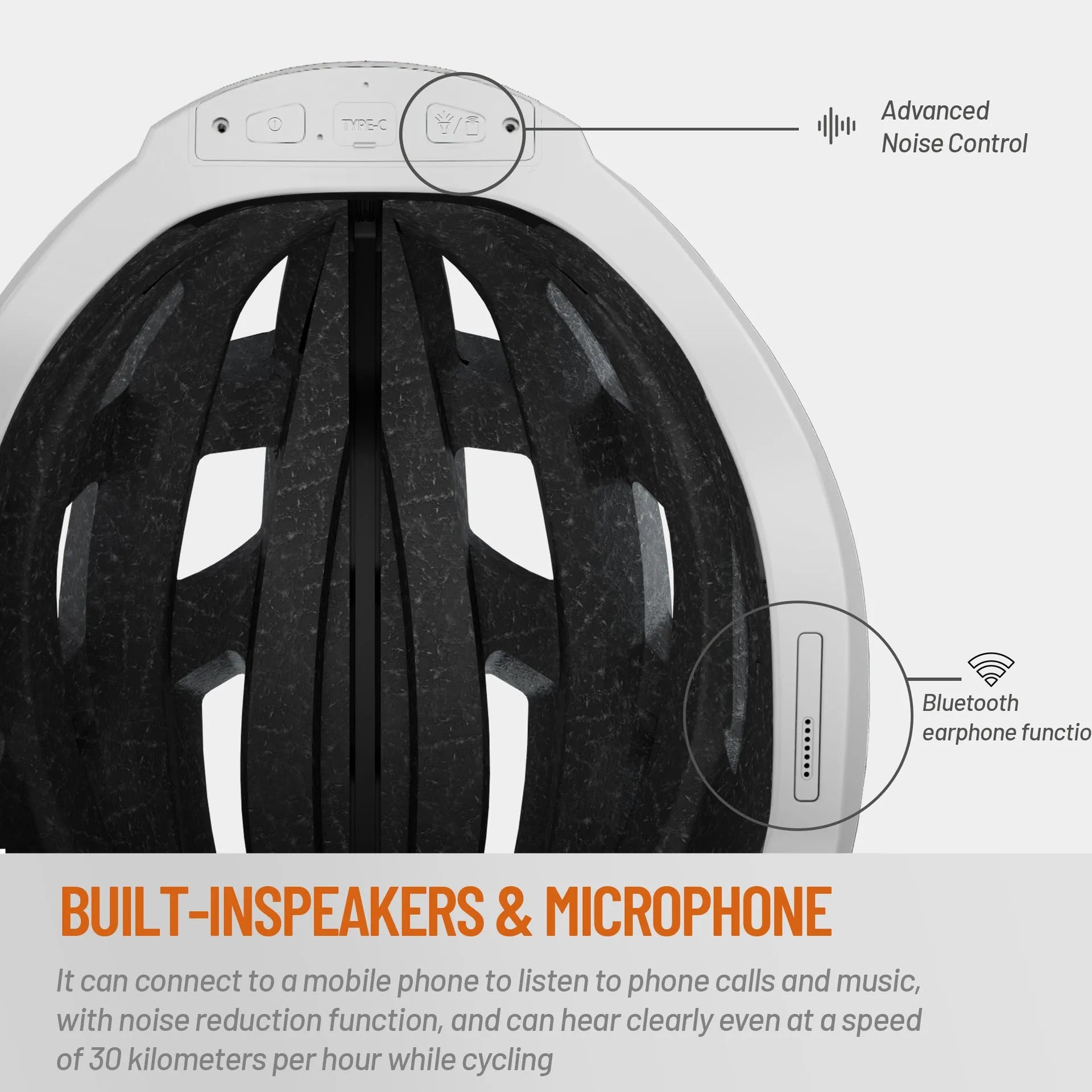 Black and grey smart cycling helmet with integrated warning lights and Bluetooth connectivity