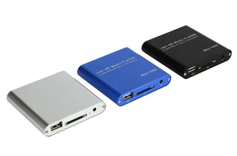 Blue 1080p HDMI media player with USB and SD card slots on compact all-metal chassis