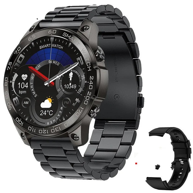 Bluetooth smartwatch with round AMOLED display showing fitness metrics on silicone wristband