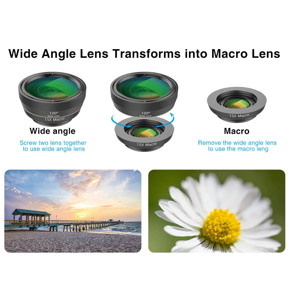 Black 6-in-1 smartphone camera lens kit with fisheye, macro, wide-angle, telephoto, CPL, and star filter lenses and a universal clip.