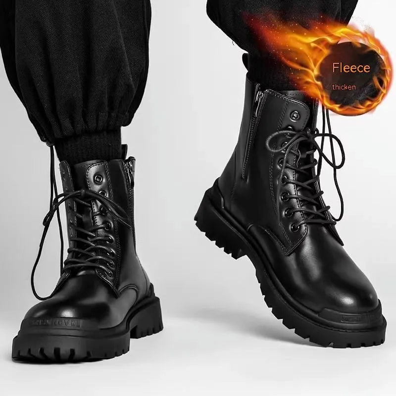 Men's black British style mid-top leather ankle boots with rubber sole.