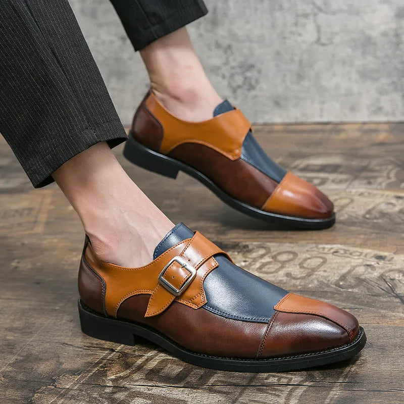 Men's brown blue and black retro buckle casual leather shoes with tall crown