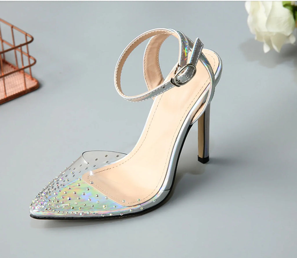 Women's pointed toe sandals with diamond detailing and stiletto heels