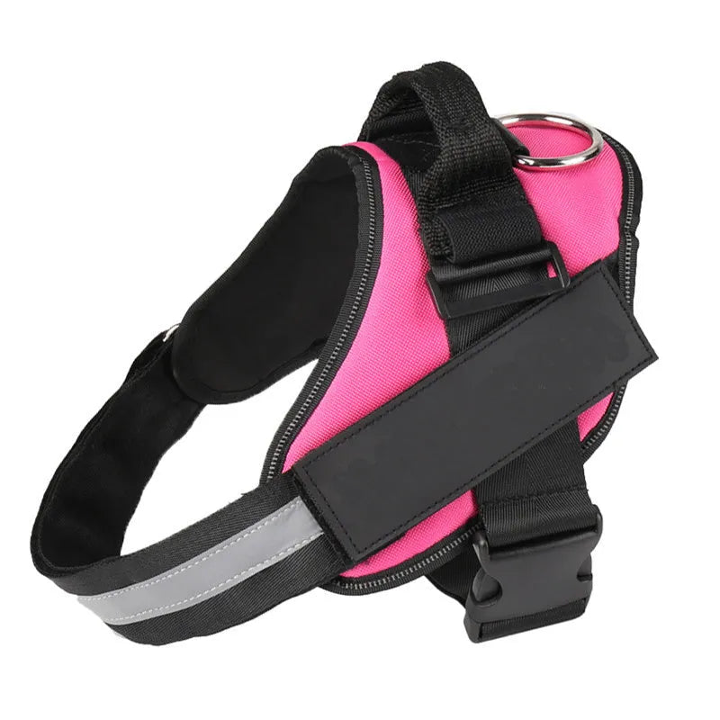 A reflective adjustable no-pull dog harness in a vest style, shown on a dog with a personalised patch.