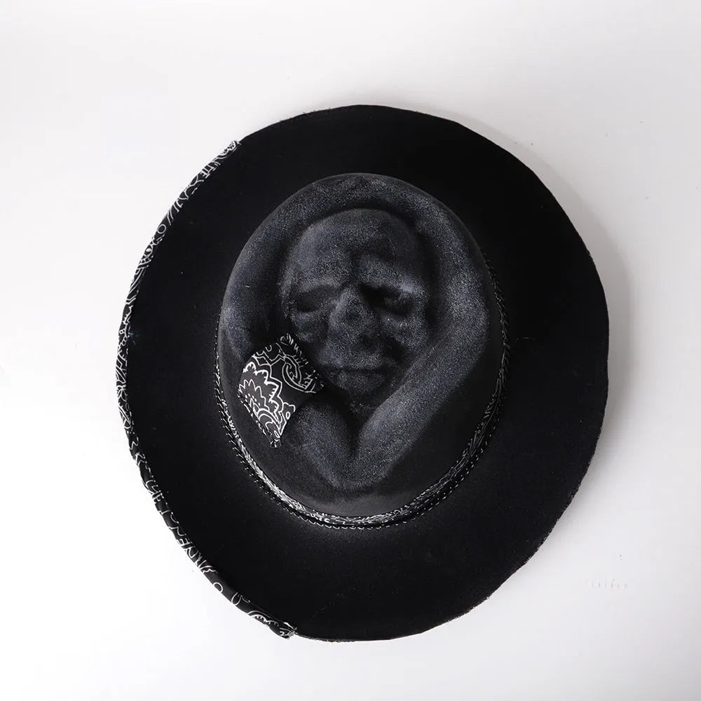 Black and white skull print wool felt denim hat with conical crown for Halloween costumes
