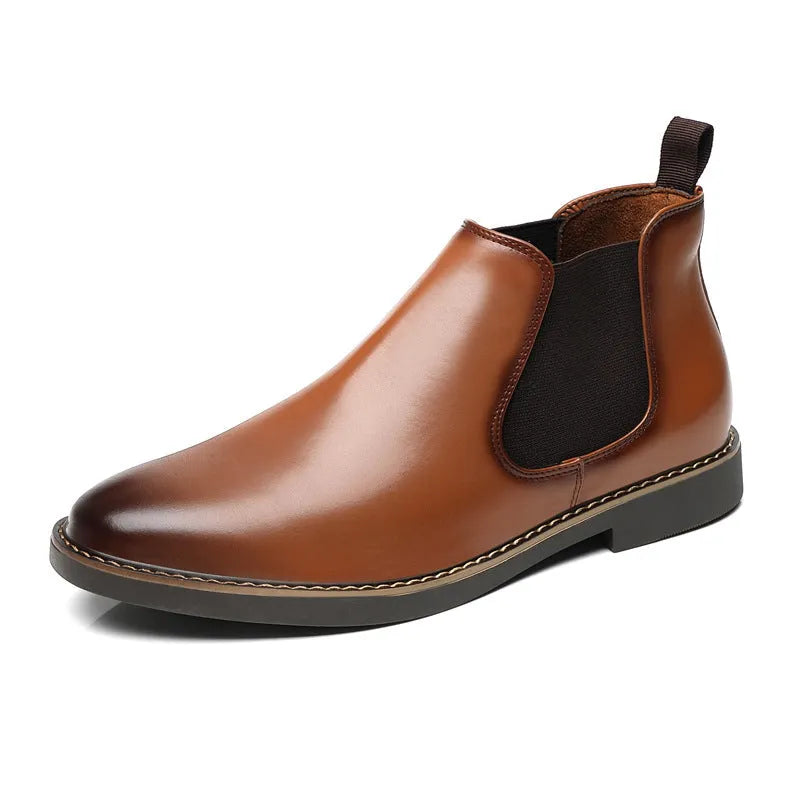 Men's black formal pointed-toe leather boots with square heel on rubber sole