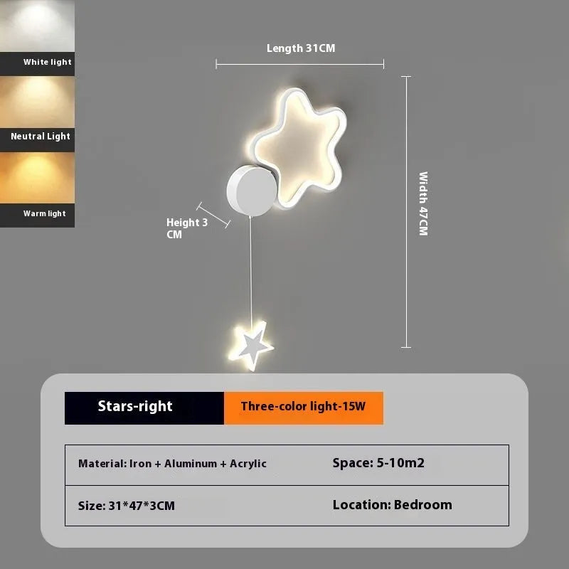 Children's bedside wall lamp with cloud and star design in black finish showing three-colour LED illumination