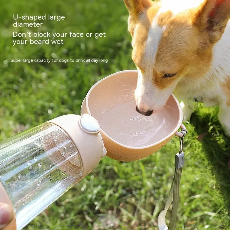 Portable dog water bottle with attached feeding bowl in yellow, pink and brown colour options