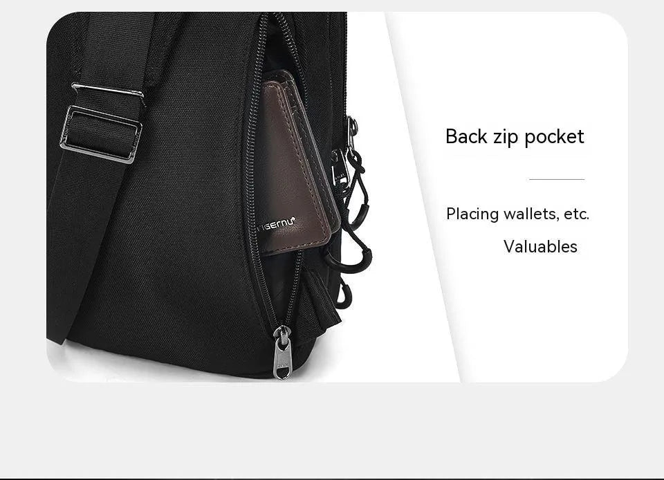 Casual black camouflage pattern insulated chest bag with a single strap and waterproof TPU exterior.