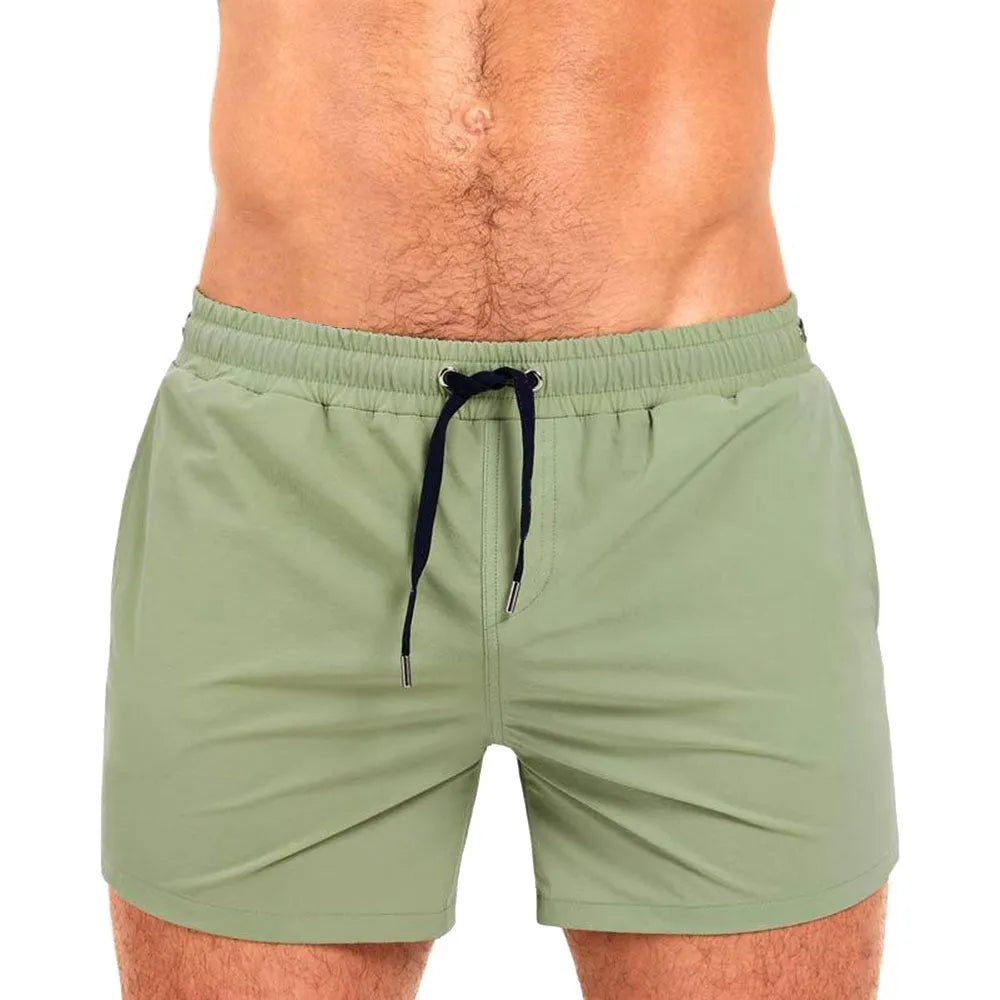 Men's mesh lining sports shorts in Army Green, quick-dry polyester for swimming and fitness