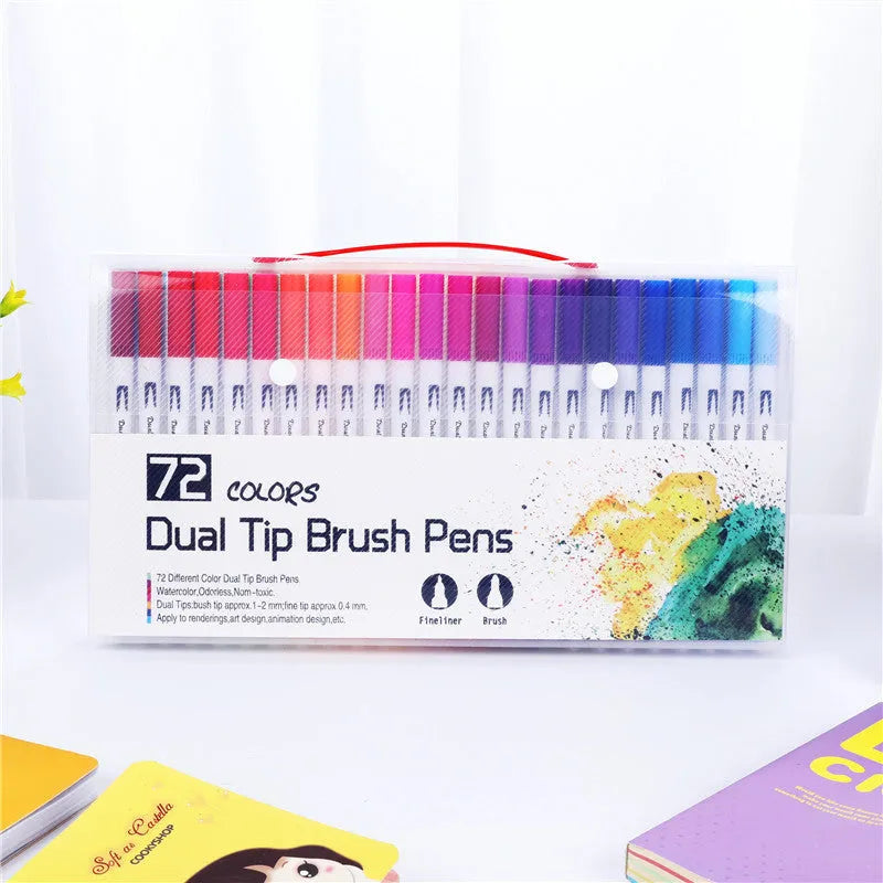 Set of watercolour pens in multiple colours arranged by shade for art and promotional use