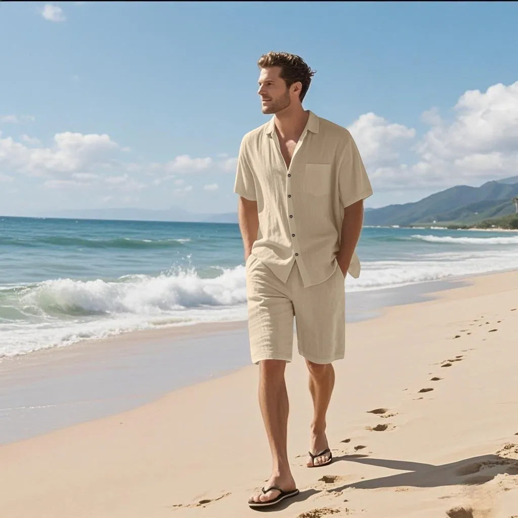 Men's light blue linen blend short sleeve shirt and matching shorts laid flat.