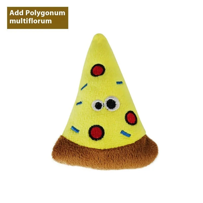 Catnip plush pillow containing wooden insert for cat dental chewing, available in six shapes