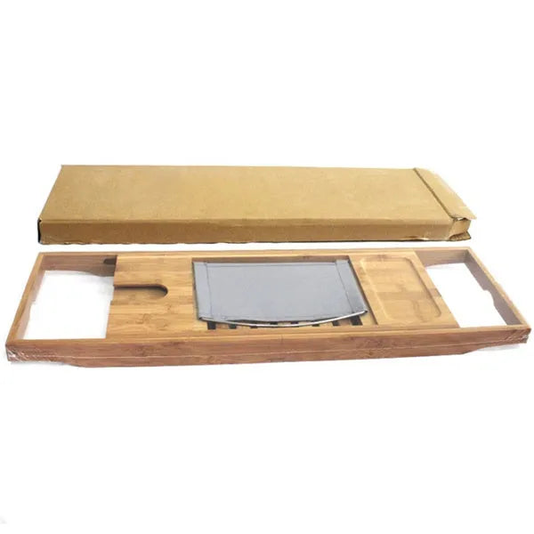 Natural bamboo bathtub frame with single tier desktop storage for bathroom organisation