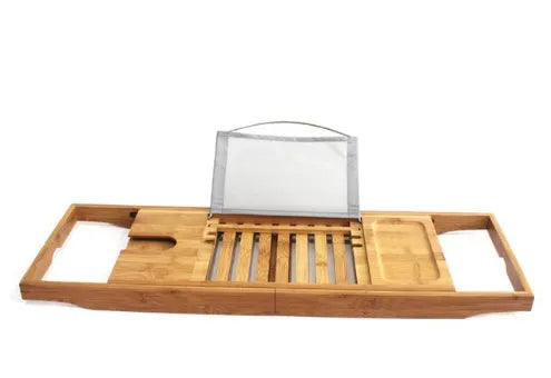 Natural bamboo bathtub frame with single tier desktop storage for bathroom organisation
