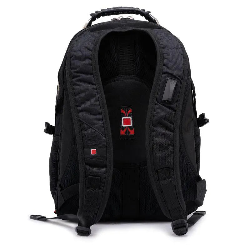 Black 38 litre business laptop backpack open to show three internal compartments for a computer, stationery, and storage.