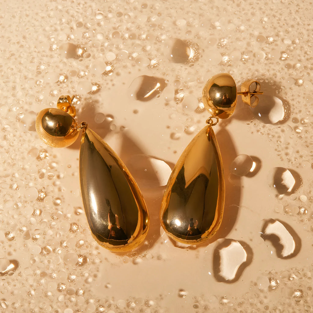 Gold electroplated stainless steel water drop pendant earrings geometric design women's jewellery