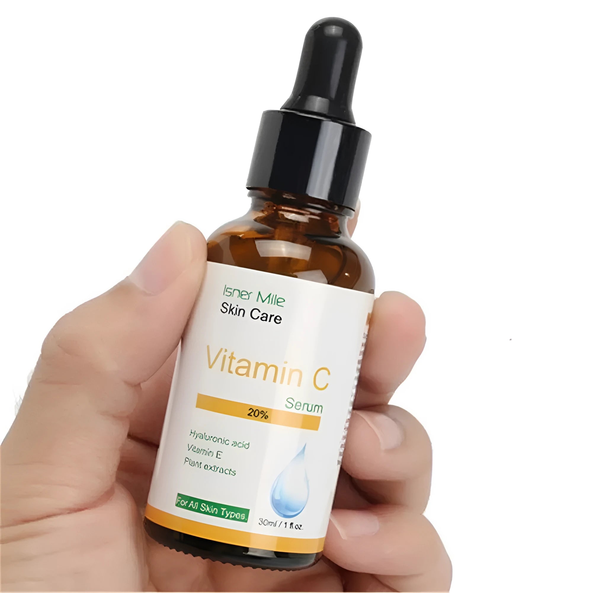 30ml glass bottle of undiluted Vitamin C facial serum essence for skin brightening.