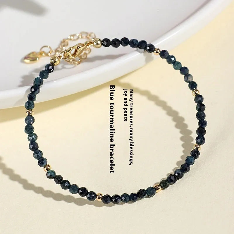 Blue tourmaline 3mm cut beaded bracelet with spacer bead design for women's jewellery