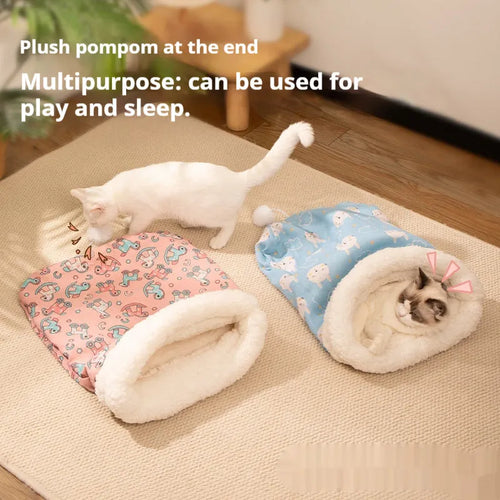 Flannel cat sleeping bag nest in blue rabbit, pink Trojan, and stripe designs, 50x40 cm.