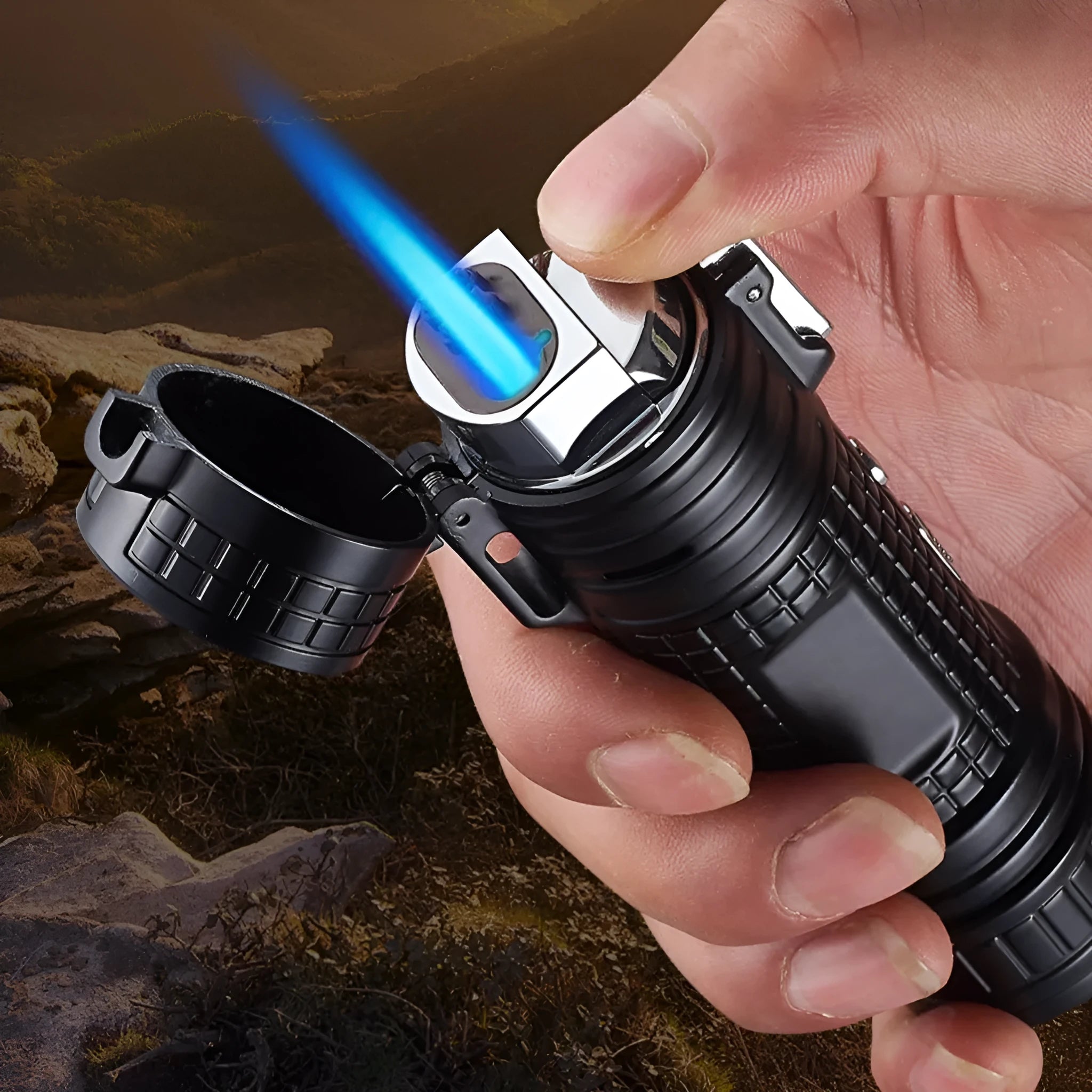 TH727 multi-functional metal flashlight lighter showing camouflage colour option