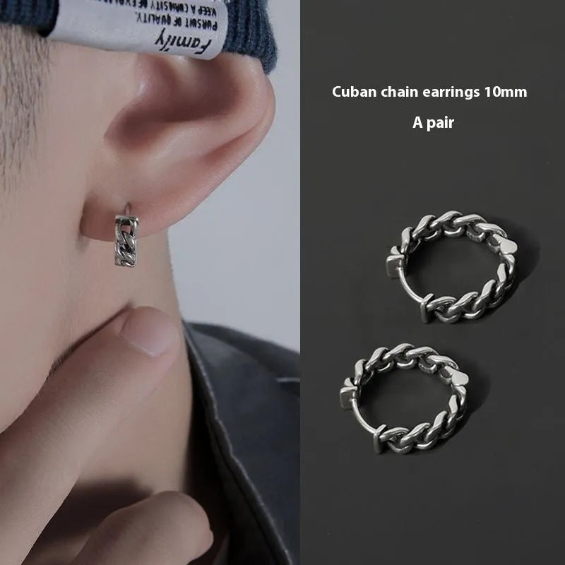 Men's geometric stud earrings with silver-colour finish and West Coast hip hop style