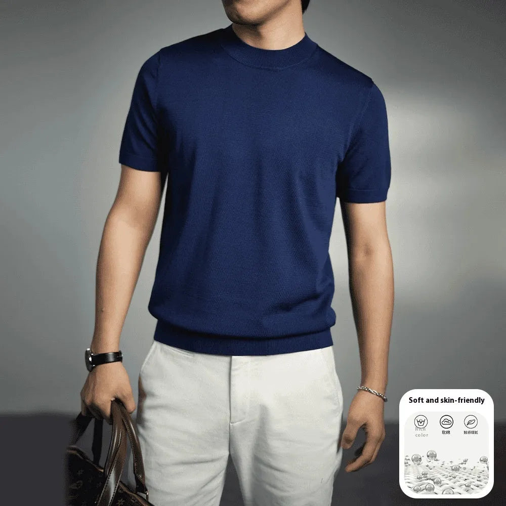 Men's knitted T-shirt in solid colours with round neck and short sleeves on size chart background