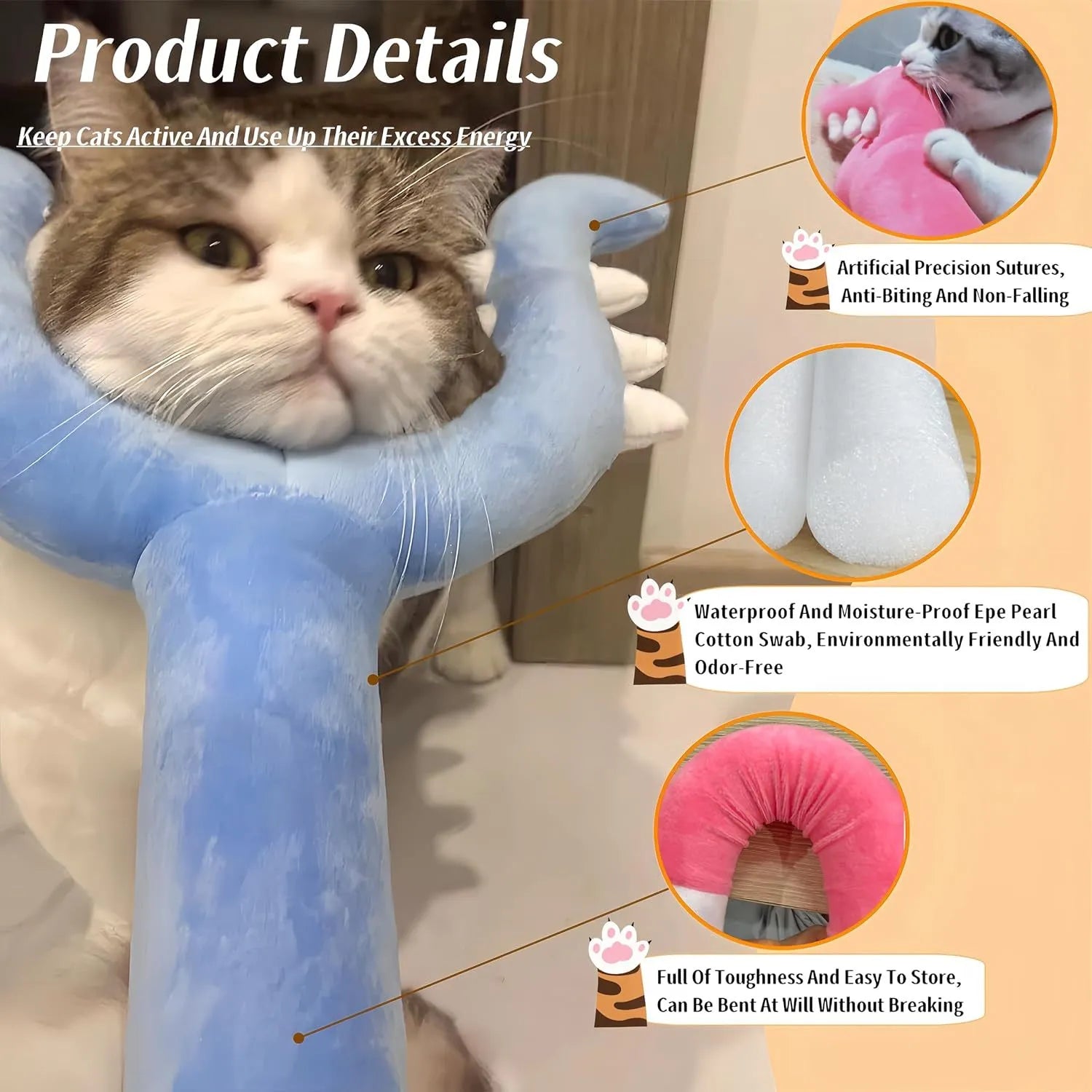 Blue and pink plush cat wand toy measuring 70cm length for interactive pet play