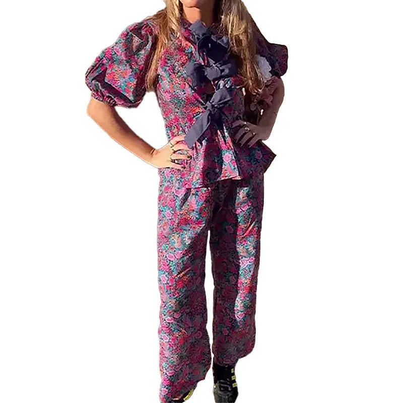 Women's floral printed tie-neck trousers suit with puff sleeves and straight-leg trousers