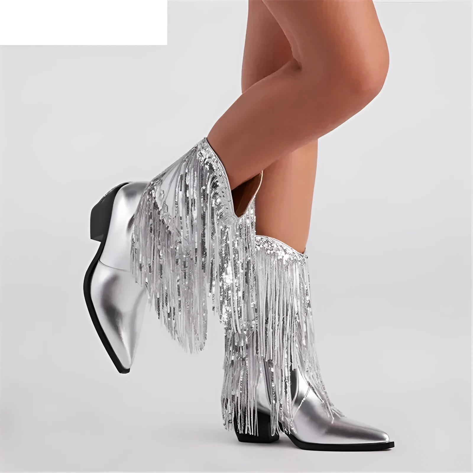 Women's black chunky heel tassel boots with super high stiletto heel