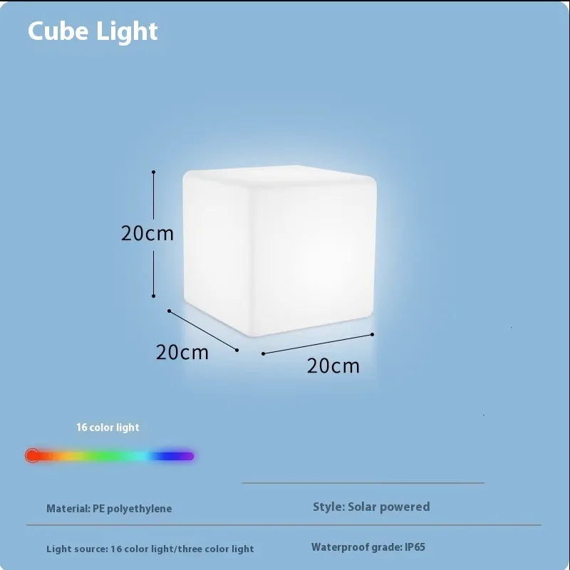 Modern square LED cube light for outdoor garden and patio use with waterproof IP65 rating.