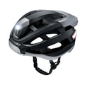 Black and grey smart cycling helmet with integrated warning lights and Bluetooth connectivity