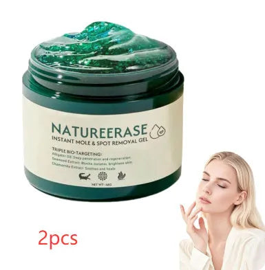 Natureerase mole removal gel tube showing 45g hydrating formula for general skin types