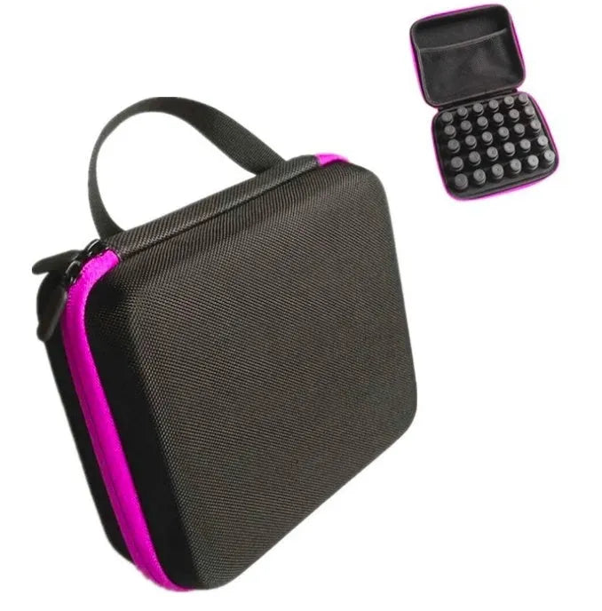 Red EVA essential oil storage bag with 30 compartments for 15ml bottles, cube shape with zipper