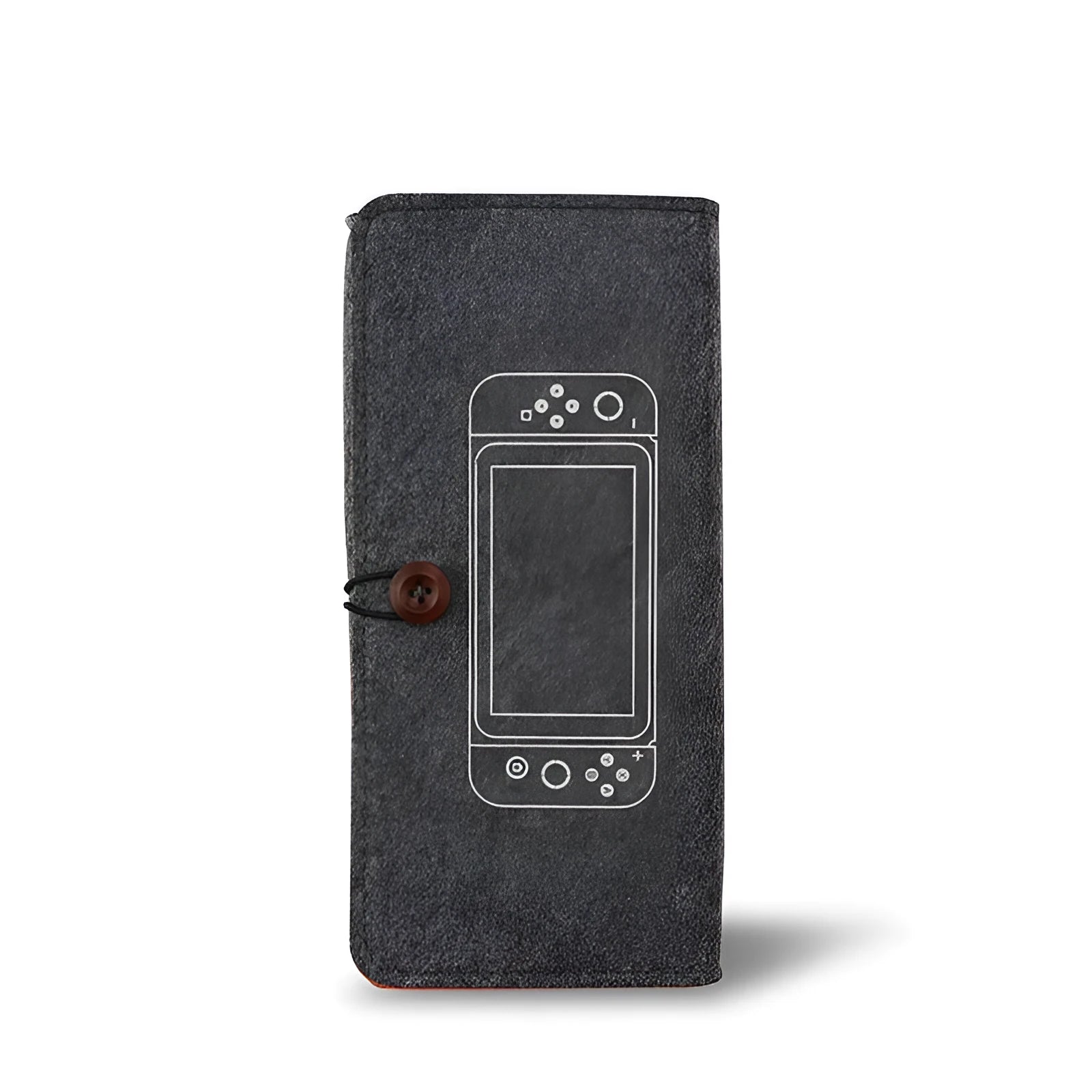 Black Nintendo Switch felt pouch showing game card slots and double storage compartments