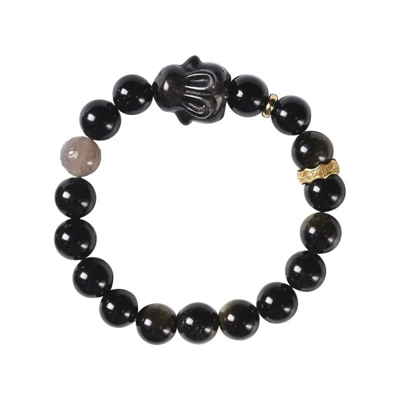 Handmade obsidian bracelet with lying rabbit silver charm and grey agate beads in 8mm and 10mm sizes