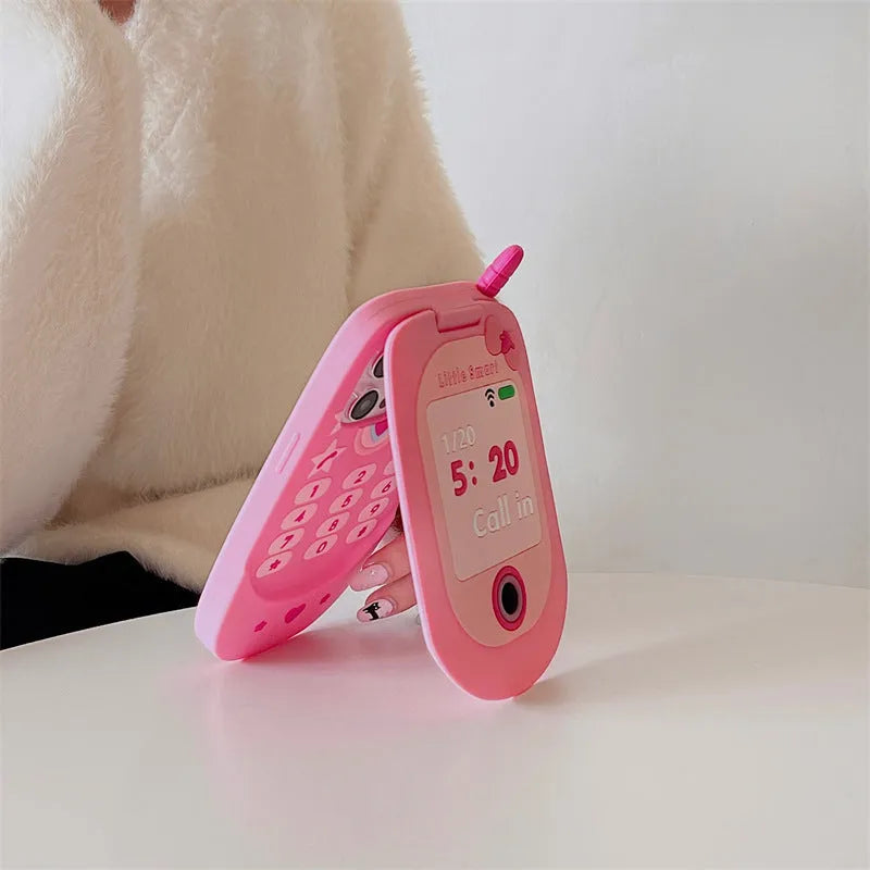 Light pink silicone flip phone shape mirror case for iPhone with anti-fall protection