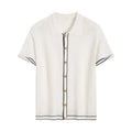 White short sleeve cardigan with contrasting colour lapels on a hanger.