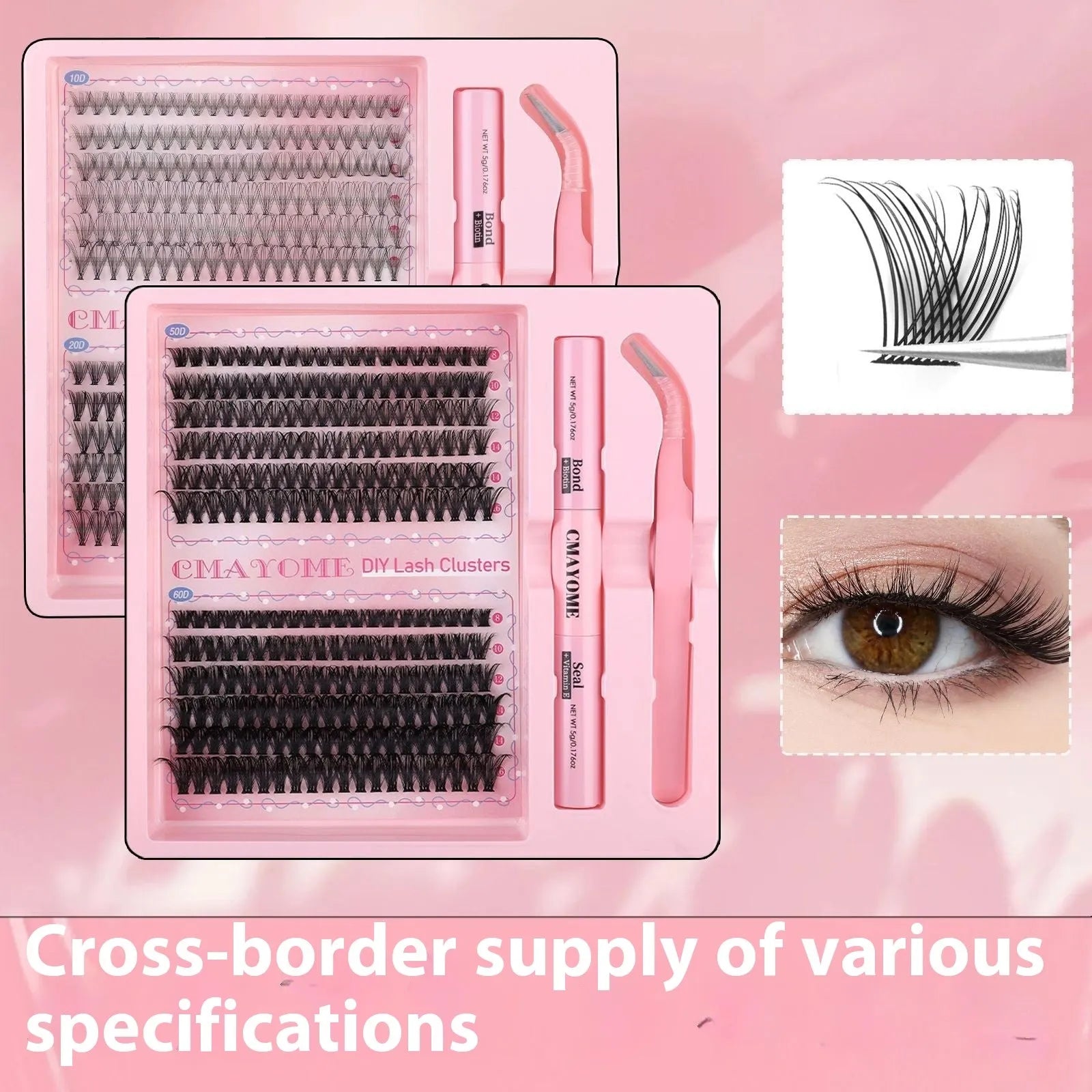 DIY single cluster individual false eyelashes set on white background, showing thick mixed split type artificial fibre lashes.