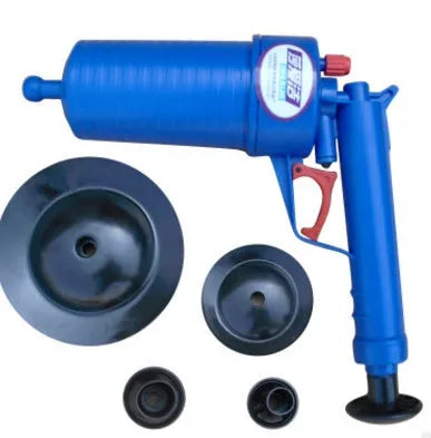 Plastic manual air pressure drain blaster gun with four different sized rubber adaptors for unblocking pipes.