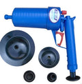 Plastic manual air pressure drain blaster gun with four different sized rubber adaptors for unblocking pipes.