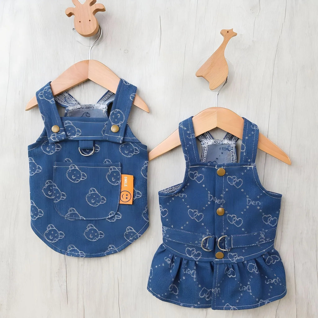 Denim blue princess dress for small dog with bracket skirt style on Bichon Frise
